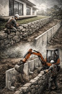 Mury oporowe Bielsko-Biała – budowa z bloczków i gabionów