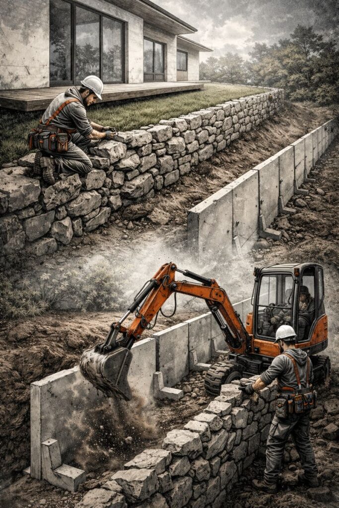 Mury oporowe Bielsko-Biała – budowa z bloczków i gabionów